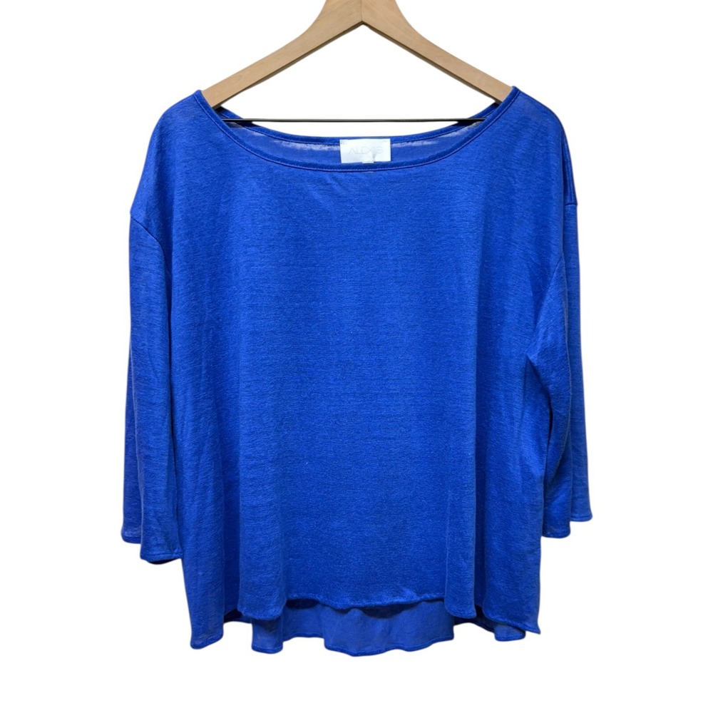 ALEXIS Linen Tee Shirt Sz S Oversized Blue 3/4 Sleeve Top Boat Neck‎ Coastal